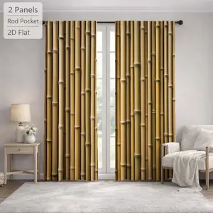 2Pcs Natural Style Bamboo Pattern Sun Blocking Curtains Digital Printed Rod Pocket, Window Treatment For Bedroom Office Kitchen Living Room Study Home Decor