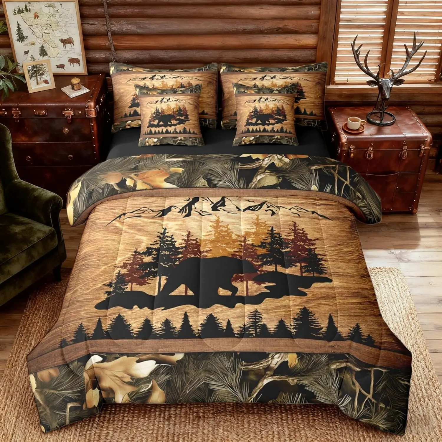 Lodge Cabin 7 Pcs Comforter Set Bear Pine Trees Mountain Silhouette Bedding Set Natural Jungle Leaves Plants Bed in a Bag with Comforter,Flat Sheet,Fitted Sheet,2 Pillowcases,2 Pillow Covers