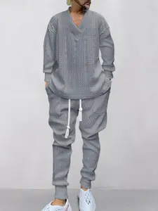 Men's Knitted V-Neck Pullover and Drawstring Sweatpants Set, Soft Cotton Blend Fabric, Casual Fall & Winter Wear, Long Sleeve Regular Fit