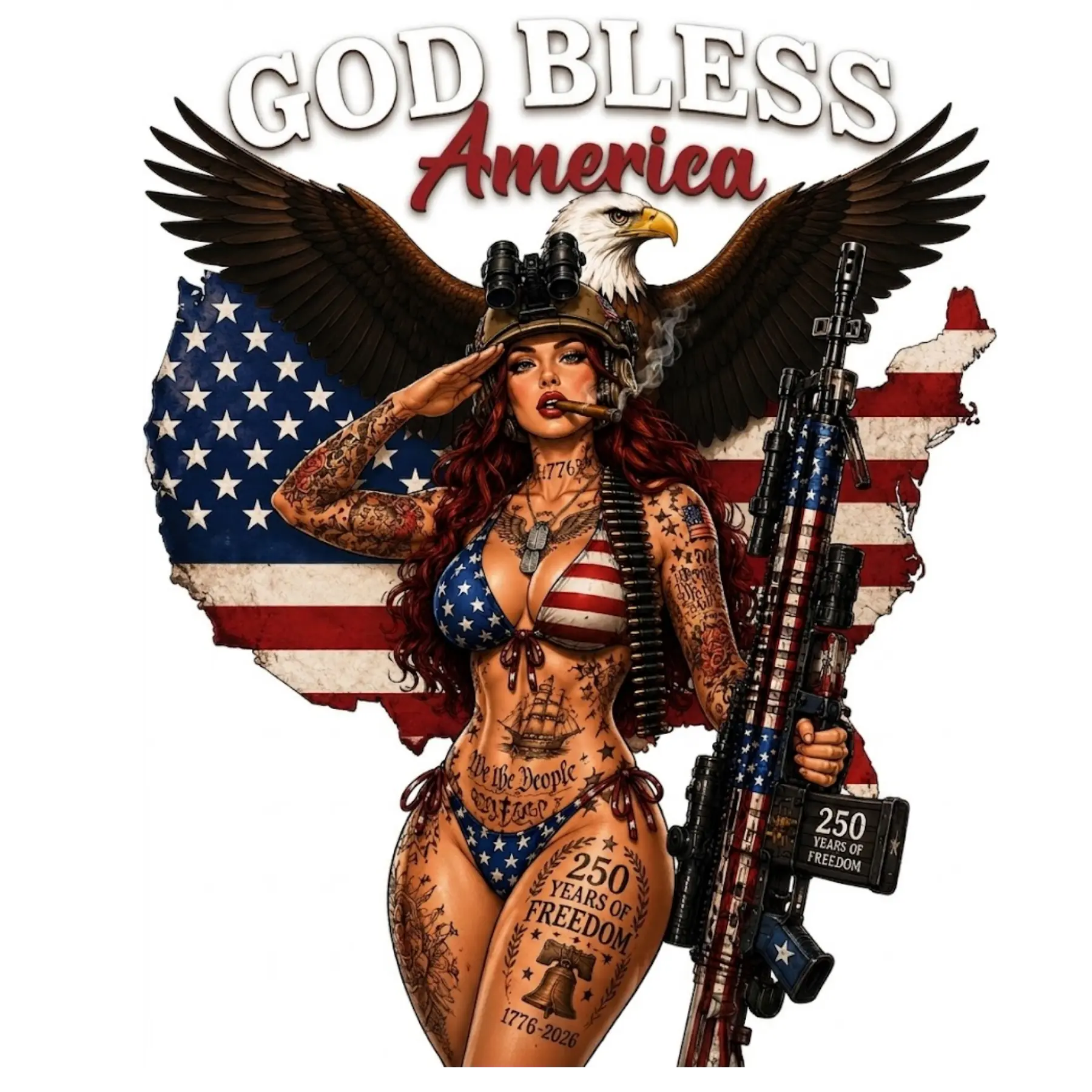 Set Of God Bless America Patriotic Tactical Pin Up Sticker, America 250 Years Freedom 1776–2026 Decal, Eagle Flag Military Girl Vinyl Sticker