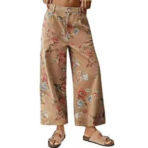 Chouyatou women's mid-rise floral print cropped jeans bohemian loose wide-leg jeans