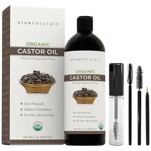 Viva Naturals Organic Castor Oil, Cold-Pressed, 16 fl oz – For Face, Hair, Eyelashes, USDA Organic, Non-GMO - With Beauty Kit