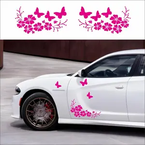 Cherry blossom butterfly dancing pattern car stickers universal style DIY shape decoration car Windows, doors, hoods, bumpers, motorcycles, refrigerators vinyl decal accessories(2pcs) (rose red)