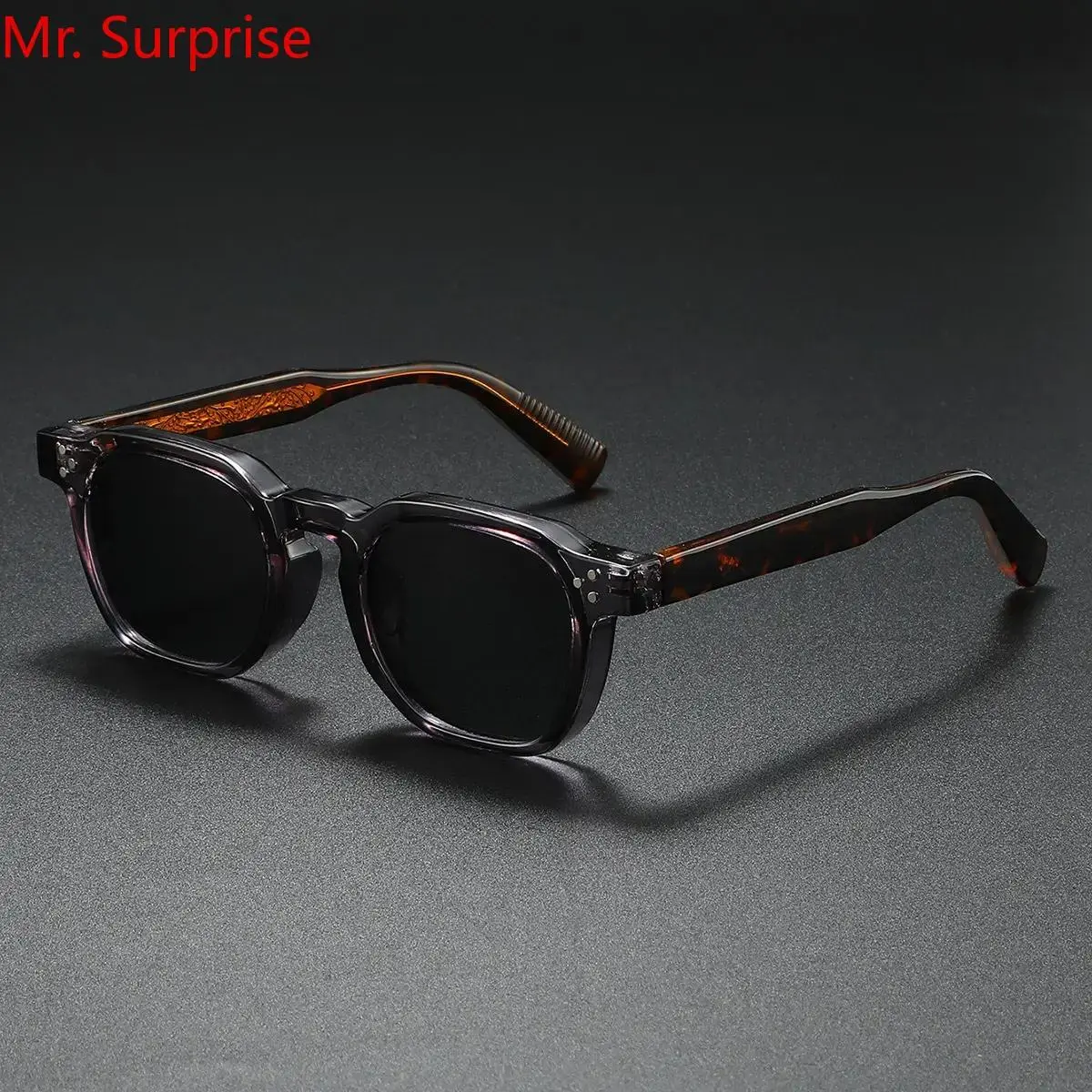 Men's Vintage Square Sunglasses - Unisex Lightweight Plastic UV400 Glass Lenses, Retro Full-Rim Transparent Coffee Frame Gray Piece, Translucent Gray Acetate, Engraved Tortoiseshell Temples, Spring Hinges, Retro-Modern, Engraved Temples