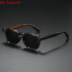 Vintage Square - Frame Sunglasses: Transparent Gray Acetate Frame, Tortoise - Patterned & Engraved Temples, Black Lenses