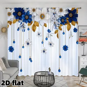 2D Flat 2Pcs Elegant Blue Flower Print Curtains with Gold Leaves and Crystal Drops Design Semi Sunshade Polyester Fabric Rod Pocket Style Suitable for Living Room Bedroom Kitchen Home Window Treatment Decoration Interior Decoration Accessories