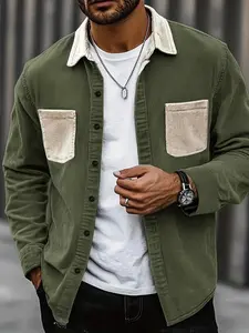 Men's Autumn Winter Colorblock Corduroy Long Sleeve Shirt, Loose Fit Workwear Jacket, Casual Fashion Outerwear for Men