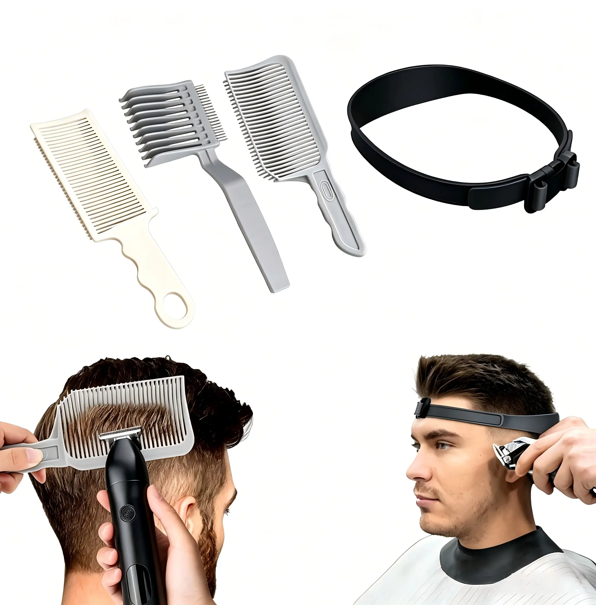 Hair Styling Tool Set - 4-Piece Men's DIY Hair Cutting Kit with Adjustable Silicone Headband, Trimming Guide Comb, Positioning Band & Guide Tools for Even Cuts, Durable Men's Hair Styling Tools