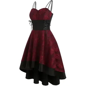 Women’s Vintage Steampunk Dress Spaghetti Strap Bandage Dresses Floral Lace High Low Dress Lolita Halloween Costumes