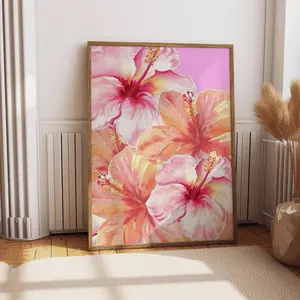 Hibiscus Flower Hawaiian Print – Aloha Lily Floral Artwork Retro Wall Art Decor Preppy Room Decor Pink Flower Hawaiian Poster Y2K Room Wall Decoration