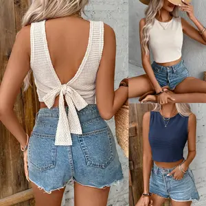Women’s Waffle Knit Sleeveless Tank Top, Back Tie Sexy Summer Crop Top, Casual Beach Vacation Outfit, Lightweight Solid Color Going Out Top, Y2K Holiday Festival Fashion, TikTok Viral Summer Clothes for Party Travel Resort Wear