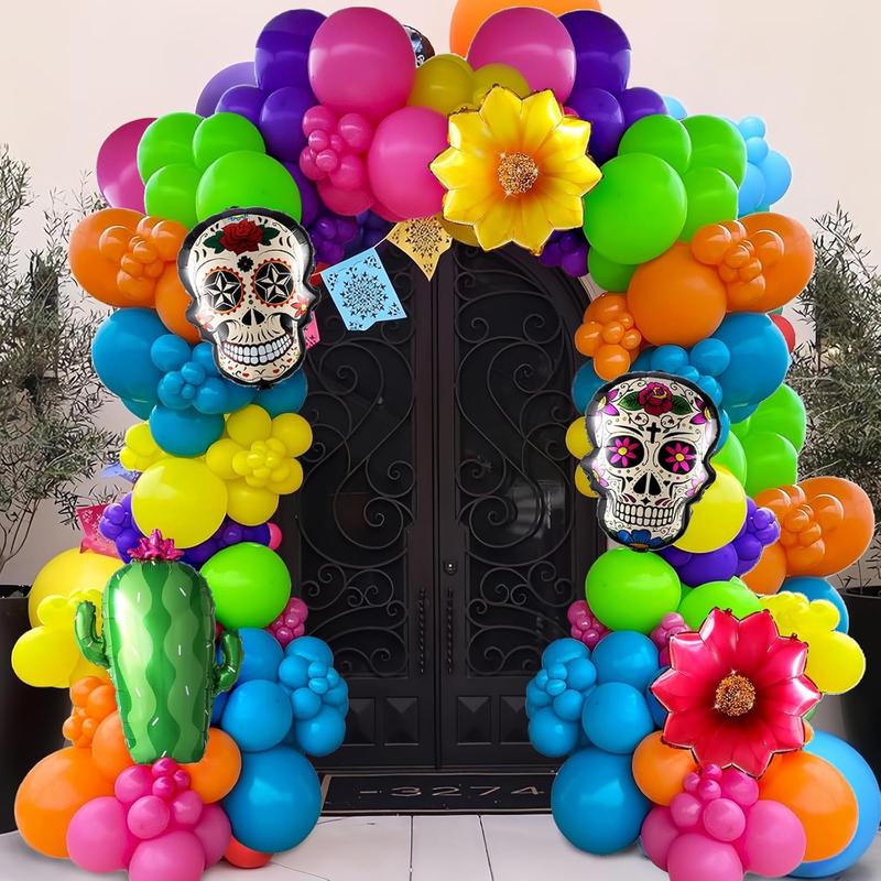 Dia de Muertos Balloon Arch Kit,160PCS Mixed Colorful Day of the  Balloon Garland with Cactus  Sugar Skull Foil Balloons for Halloween 5 de Mayo Mexican Fiesta Party Altar Decorations