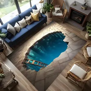 2D Illusion Underwater Cave with Ladder Flannel Area Rug - Oversized Soft Plush Mat for Living Room & Game Room, Non-Slip Optical Illusion Home Decor #2DIllusionRug #OpticalIllusionDecor #GameRoomCarpet #FlannelMat #NonSlipRug
