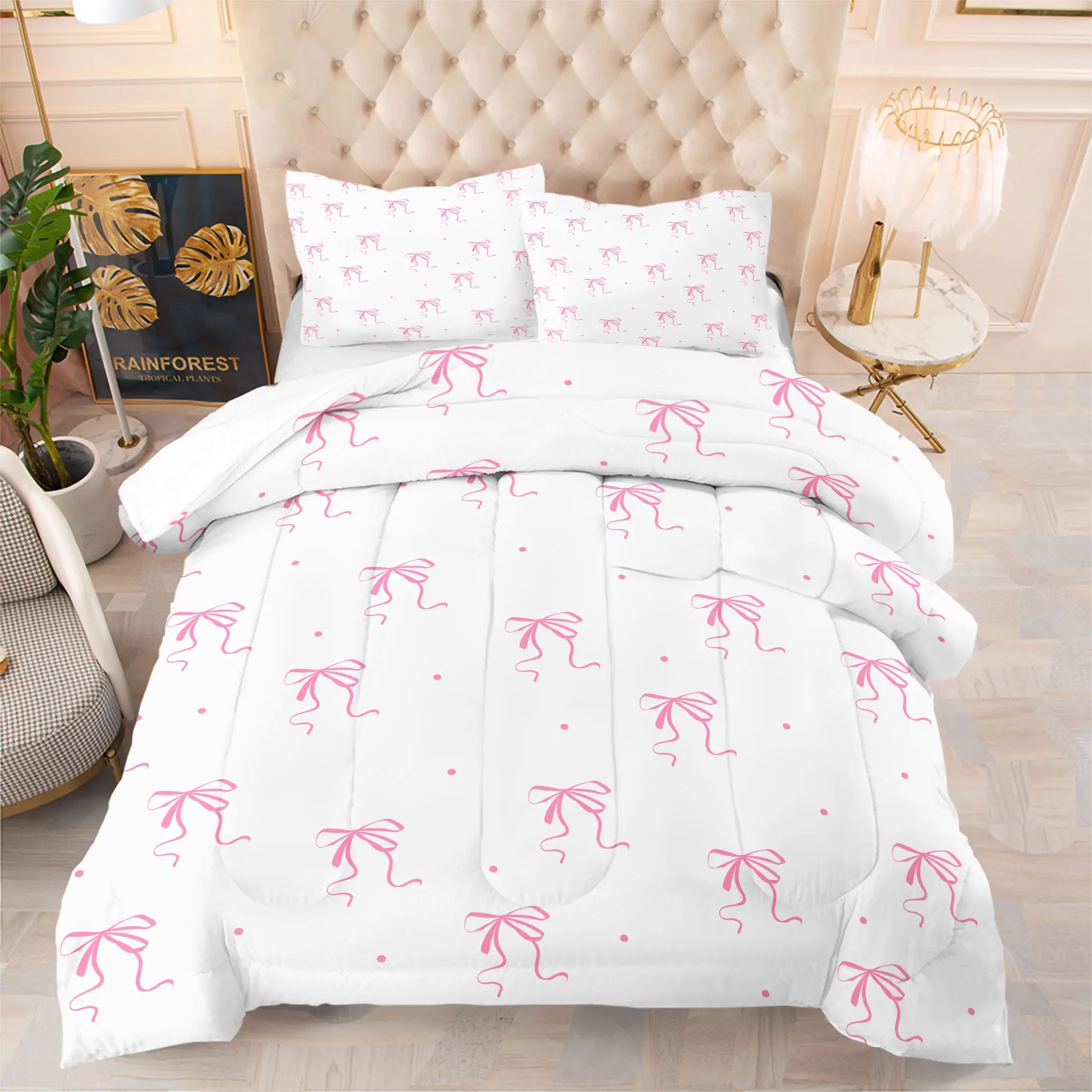 Cute Bowknot Kids Comforter Set, Includes 1 Comforter & 1-2 Pillowcases,Dreamy Princess Bedding Set,for Kids Boys Girls Bedroom Dreamy Bow Decor Microfiber Ultra Soft Breathable