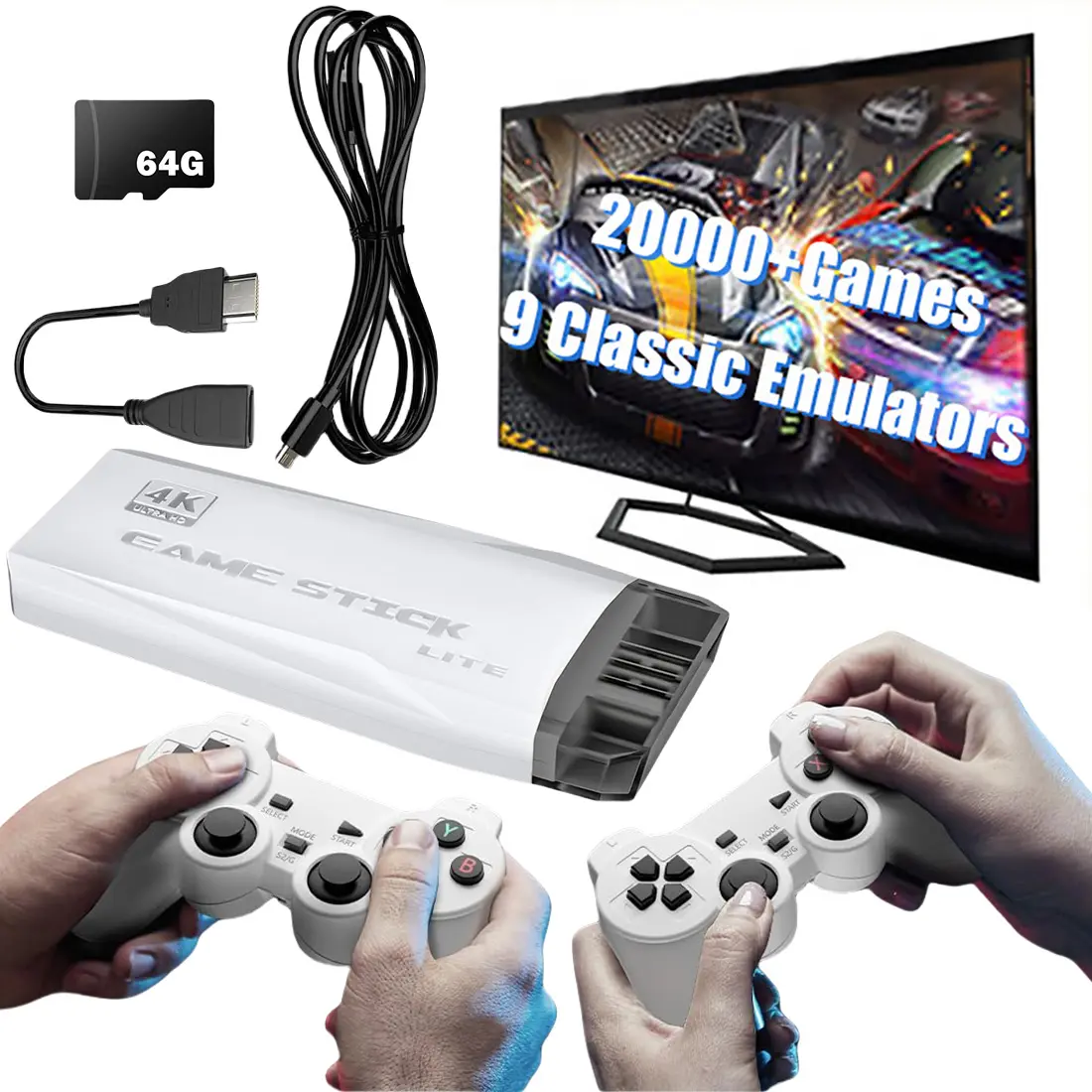 M8 Wireless Retro Video Game Console Stick Built in 20000+ Games with 9 Emulators, 4K HDMI Output with 2 Pack 2.4G Wireless Controllers for Nostalgia Gifts- 64GB emulators4k hdml classic game retro game stick simulator