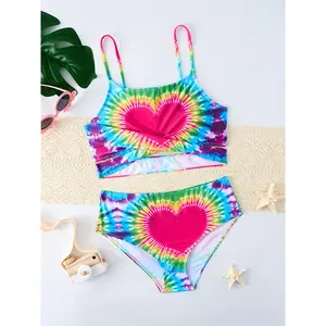 Girls' 2026 Christmas 2-Piece Tie-Dye Heart Swimdress Set (7-14Y) - Machine Washable Split Swimsuit, Mesh Top, Sport Bra, Chic Design, Graphic Surfwear, Colorful Statement, Bright Print, Cute Colorful for Beach, Pool, 2-Piece Set Swimdresses, Graphic Surf