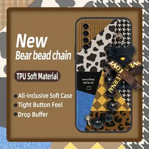 Back Cover soft case Phone Case For TCL Stylus 5G Skin-friendly feel Bear bracelet Dirt-resistant Black pearl pendant protective case Anti-knock silicone Cartoon cute Waterproof