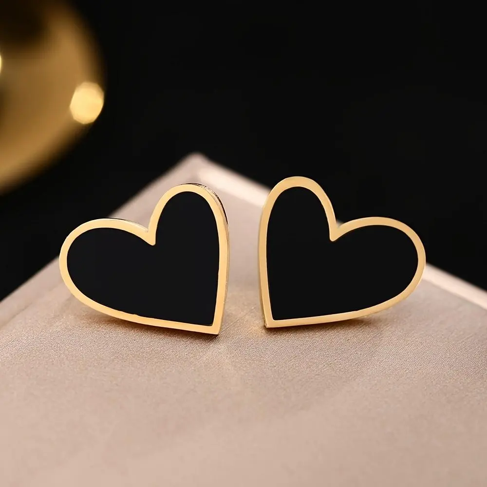 Black Heart-Shaped Stud Earrings, Women's Copper Charm Jewelry for Pierced Ears, Holiday Christmas Gift