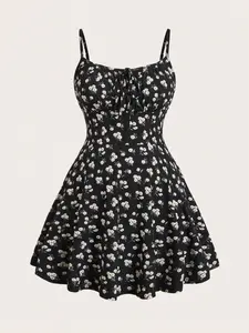 Sweet Elegant Floral Tie Front Waist Slim-Fit Adjustable Strap A-Line Dress, Summer Boho Casual Style, Moderate Fabric Thickness