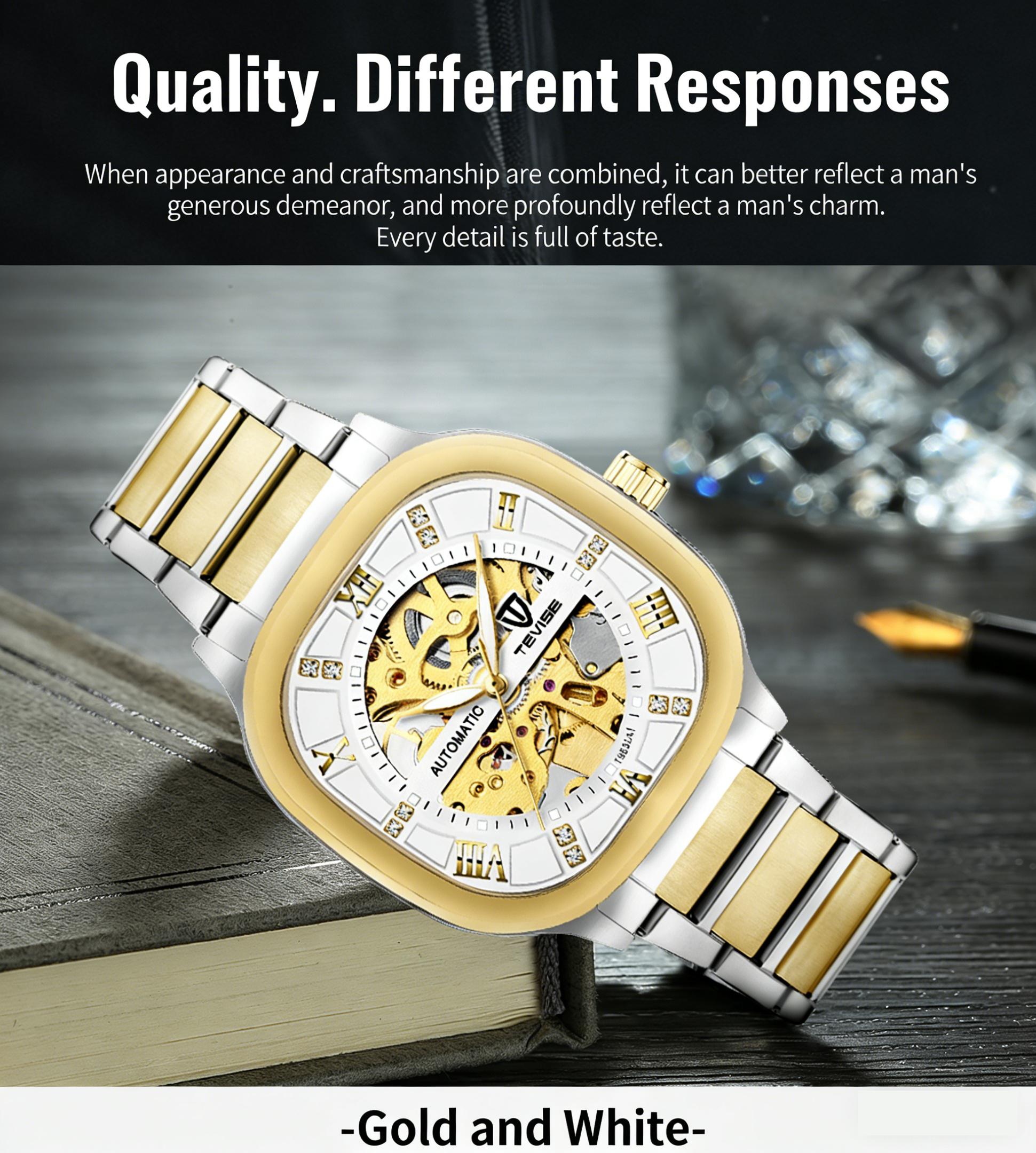 Luxury Men's Skeleton Automatic Watch, Gold Accent, Square Case, Business Stainless Steel Timepiece