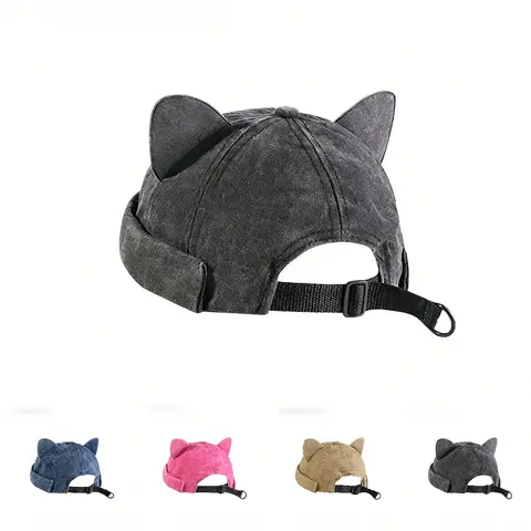 Unisex Washed Fabric Cat Ear Vintage Beanie - Skullcap Fit, Stylish Hat, Trendy Hat, Streetwear Headwear, Casual Sports Outdoor Accessory, All-Season, Easy-Matching, Vintage-Cute Vibe for Adults