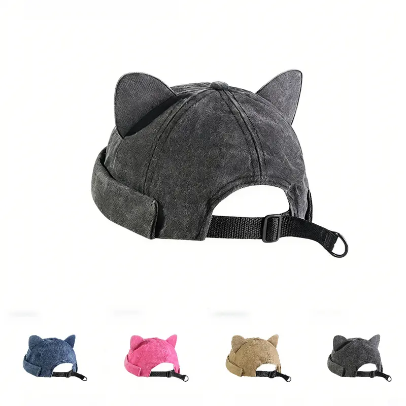 Unisex Washed Fabric Cat Ear Vintage Beanie - Skullcap Fit, Stylish Hat, Trendy Hat, Streetwear Headwear, Casual Sports Outdoor Accessory, All-Season, Easy-Matching, Vintage-Cute Vibe for Adults