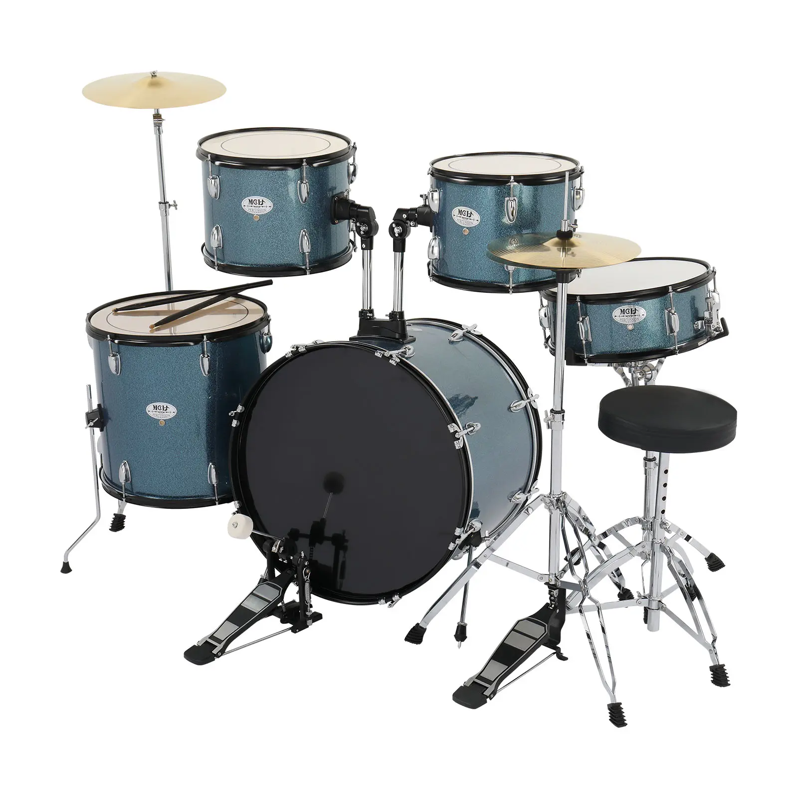 Flower Dance Full Size Adult Drum Set 5-Piece Black with Bass Drum, two Tom Drum, Snare Drum, Floor Tom, 16" Ride Cymbal, 14" Hi-hat Cymbals, Stool, Drum Pedal, Sticks Last Chance for Summer Labor Day Weekend
