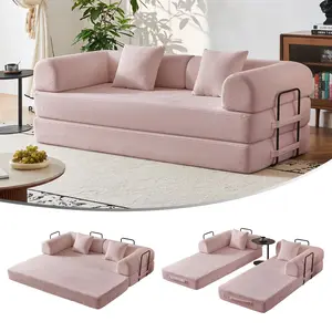 5-in-1 Convertible Sofa Bed | 79" Modular Sleeper with Fixed Frame & No Assembly | Boneless Compression & Pull Out Bed | Corduroy with High-Resilience Foam for Small Spaces, Apartments (Pink)