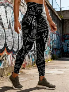 Women's All Over Letter Print High Waist Stretchy Soft Leggings, Casual Comfy Skinny Pants for Daily Wear, Ladies Bottoms for All Seasons