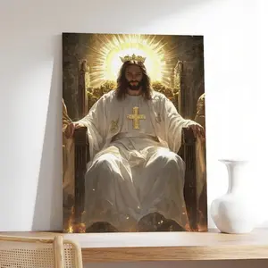 1pc wall hanging artwork placed above the throne of God - a vertical religious canvas painting, featuring a sacred and majestic image of Christ in a modern classic Art Deco style, with a spiritual inspirational effect.