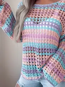 2026 Vacation Style Rainbow Color Cutout Sweater, Loose Bell Sleeve Knit Sun Protection Top, Sweet Girl Fashion Pullover