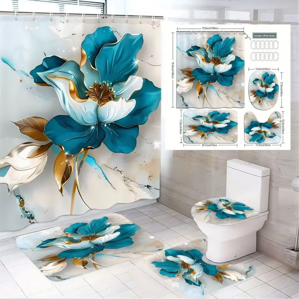 1/4pcs Easter Teal White Floral Bathroom Set, Bathroom Decoration Accessories, Restroom Bathroom Accessories, Golden Accents Aesthetic Shower Curtain Toilet Lid Cover Bath Mat, Spring Home Bathroom Décor, Bathroom Decor And Accessories