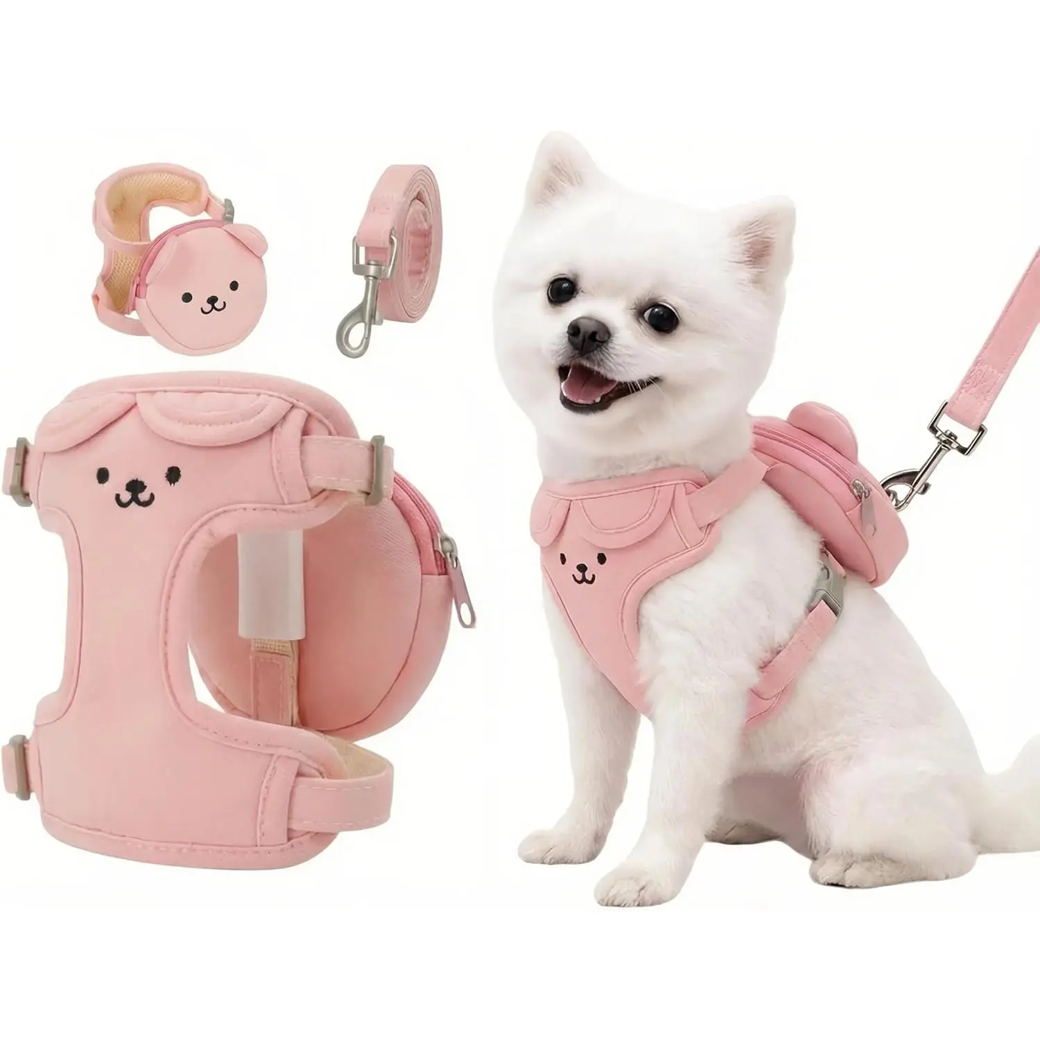 Breathable Mesh No-Pull Harness & Leash Set for Pets - Step-In Vest with Detachable Backpack, Collar, No-Choke Adjustable Fit for Small Dogs/Cats, All-Weather, Baby Pink, Small (Ideal for Outdoor Adventures), Collars & Harnesses