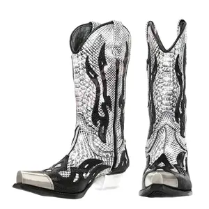 Women's Punk Snake Print Square Toe Thick Heel Western Cowboy Boots