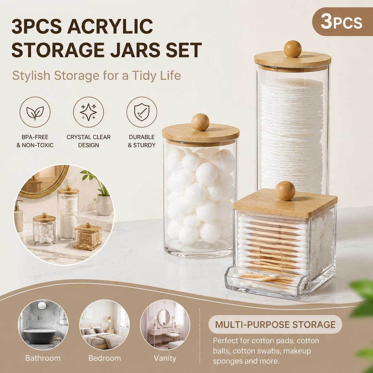 Clear Storage Box with Wooden Lid, 3 Counts Cotton Balls Cotton Swabs Storage Container, Household Storage Box for Home Dormitory Bathroom Hotel, Bathroom Counter Organizer