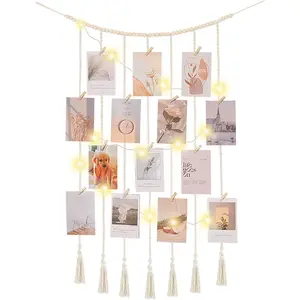 Macrame Hanging Photo Display Boho Wall Decor with String Lights Wooden Beads Garland Picture Frame Collage Holder with 30 Clips for Room Bedroom Dorm Christmas Teen Girl Gifts Beige Medium