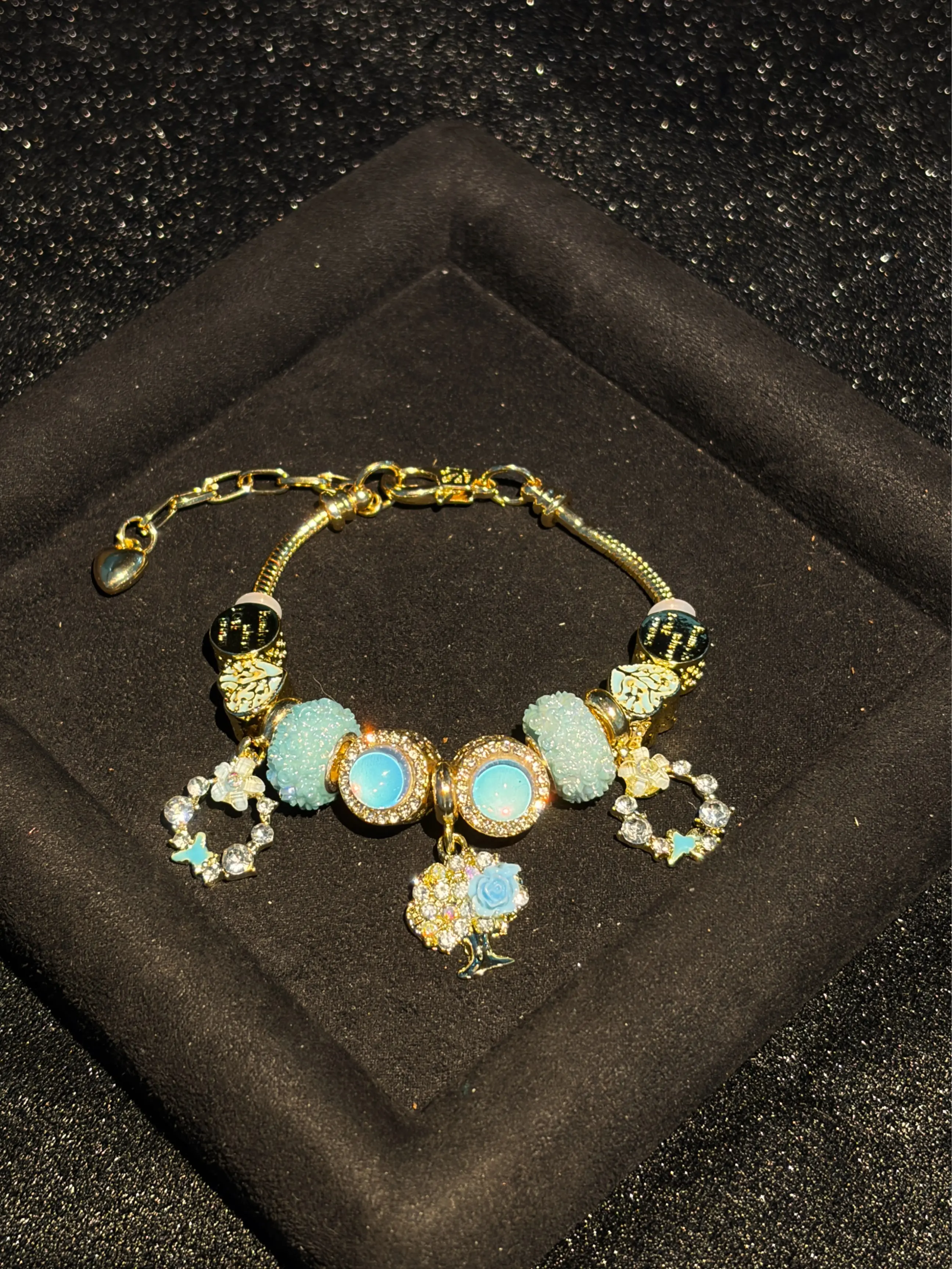 Women's Gold-Tone Beaded Dangle Charm Bracelet - Adjustable Snake-Chain Extension, Multi-Shape Enamel Tree-of-Life Pendants with Rhinestones, Textured Round Beads, Layerable Stackable Costume Jewelry for Party-Wear & Daily Use Gifts