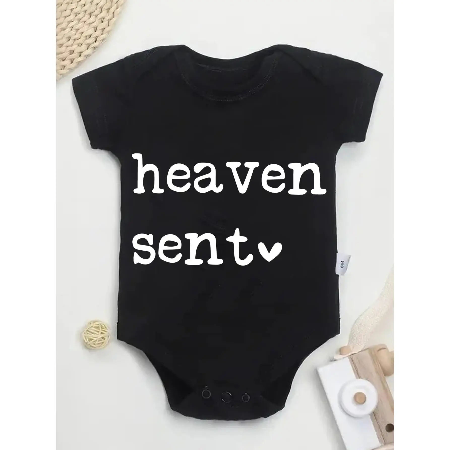 Cute Baby Bodysuit With Heaven Sent Print Soft Versatile Round Neck Button Detail Regular Fit All Seasons Knitted Fabric Onesie