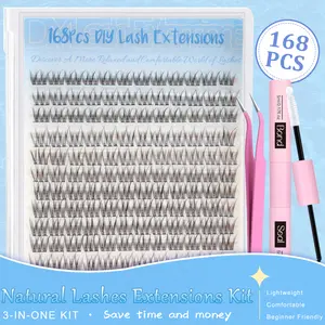 168 Pcs DIY Natural Lash Extension Kit 9-12MM Wispy False Eyelashes with Glue Sealant Tweezers Cruelty-Free Salon Quality Beginner Friendly Synthetic Makeup Cosmetic lash clusters kit magneticeyelashes lashes clusters kit lash map clusters bottom