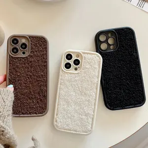 Korean Cute Fluffy Phone Case For iPhone 11 14 12 15 16 17 Pro Max Air 13 XR 7 8 Plus Plush Solid Color Cover Soft Plush Coque White