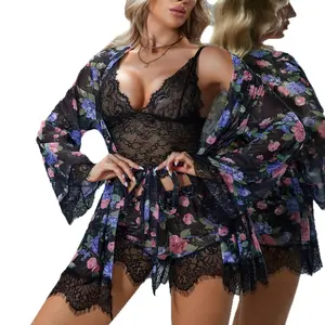 HiStock Fashion Silk Satin Dragon Floral Pajama Set Good quality, Elegance Bodysuits -Women's Floral Print Mesh Lingerie Set - 3 Pieces Purple Lace Outfit for Parties & Special Occasions, spicy lingerie,Gift-Ready Women's wear,Sheer Panty Set Womenswear