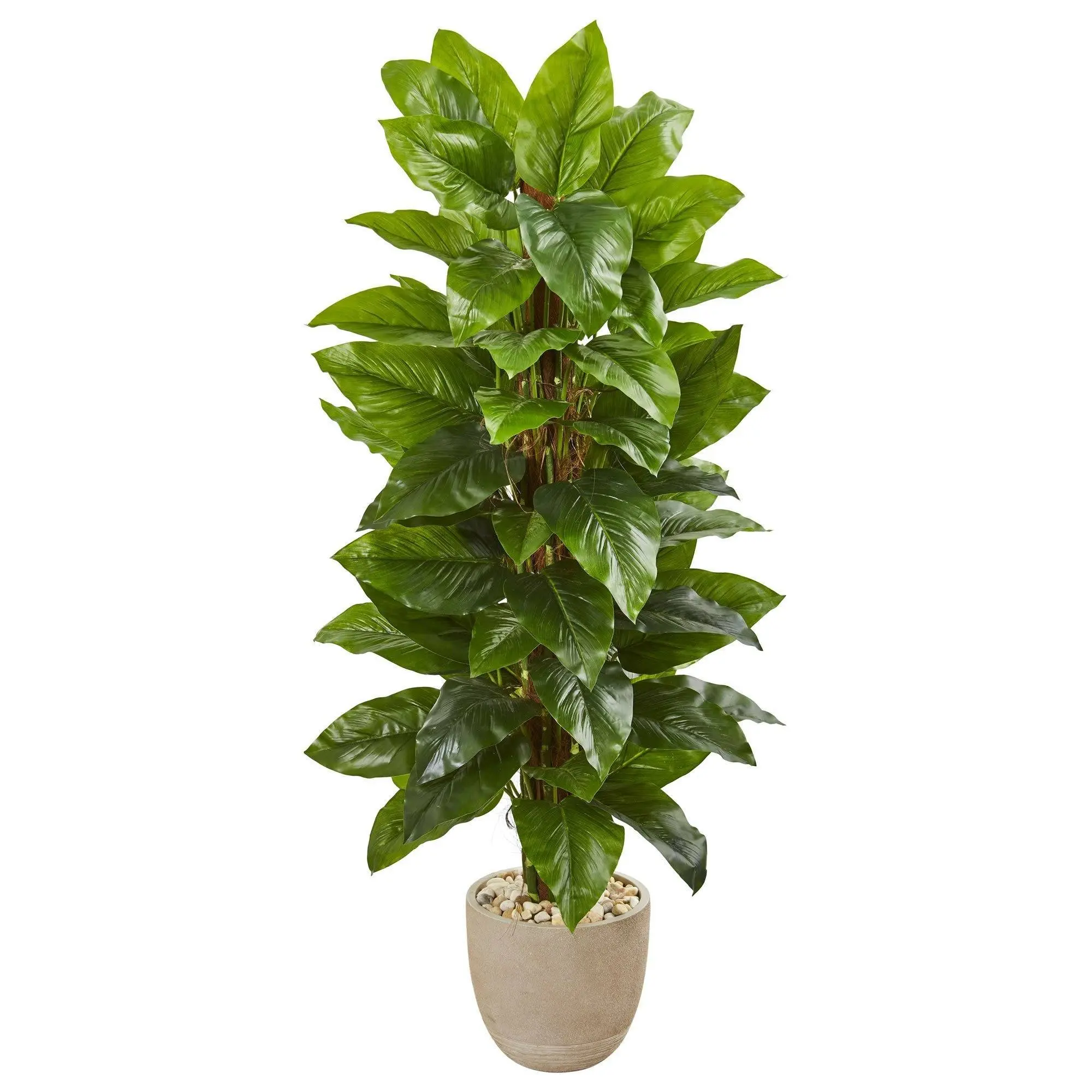58-in Large Leaf Real Touch Philodendron Artificial Indoor Plant - Photorealism Lifelike Decorative Greenery, Sand Stone Planter for Entryway