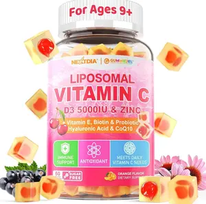 Liposomal Vitamin C 1000mg + D3 5000IU + Zinc Filled Gummies, Folate 800mcg Chewable Supplement, Elderberry for Immune, Hyaluronic Acid, VE, for Beauty, Energy & Overall Health, Sugar Free