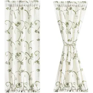 Beige Curtains for Door Windows, Green Vines Embroidery Small Short Window Curtain for Bathroom Basement Closet  Door, 25 x 40 Inches, 1 Panel