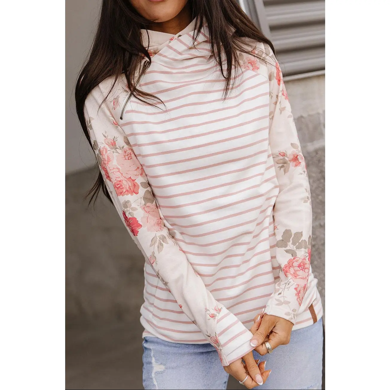 Women's Double Hood Sweatshirt - Triple Stretch Cotton Fabric Hoodie with Zipper, Thumbholes, and Hidden Pockets