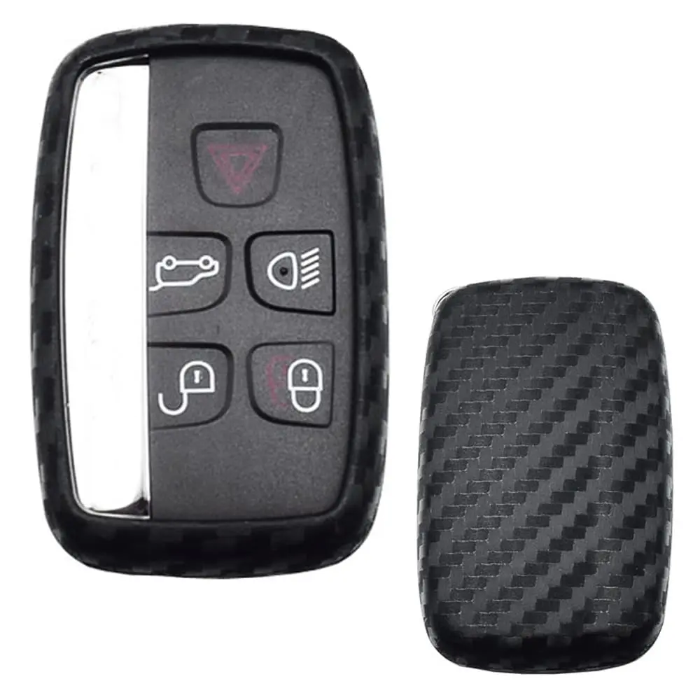 iJDMTOY Black Carbon Fiber Finish Soft Silicone Key Fob Cover For 2010-2017 Land Rover Range Rover Evoque, 12-15 LR2 LR4 Discovery & 2011-up Jaguar XE XJ XF XK F-Type F-Pace