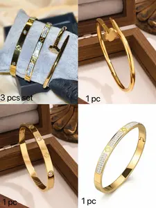1/3pcs Luxury Stainless Steel Rhinestone Clover & Star Bangle Bracelet Set, Vintage Elegant Jewelry Suit For Women, Suitable For Daily Wear, Gift, Party, Fashionable Christmas Present, Stackable Bracelets