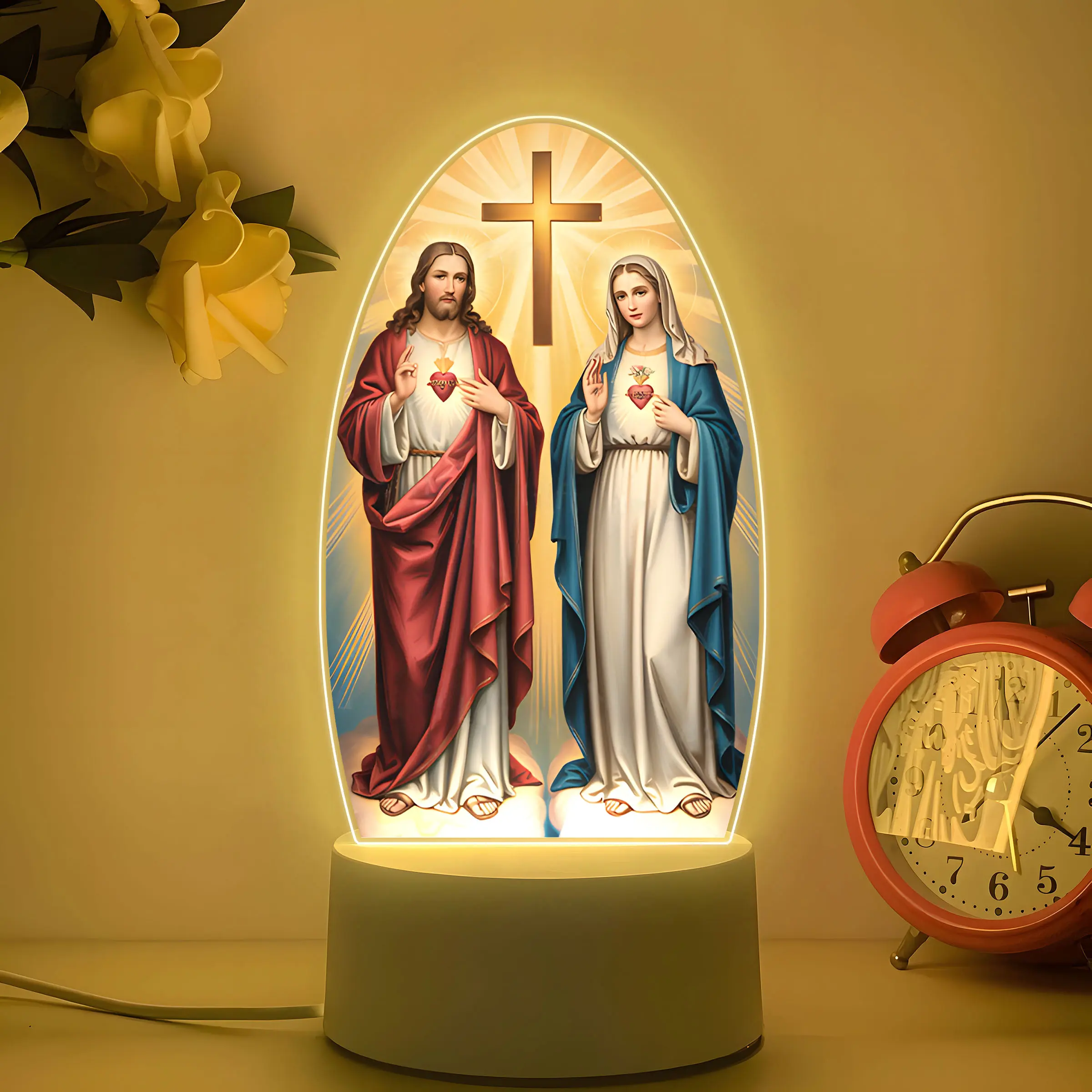 LED Acrylic Night Light with Sacred Heart and Immaculate Mary Cross, USB Powered Bedside Lamp, Nightlight For Bedroom, Indoor Decorative Light, Home Decor Lighting, Home Prayer Room Gift