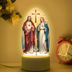 LED Acrylic Night Light with Sacred Heart and Immaculate Mary Cross, USB Powered Bedside Lamp, Nightlight For Bedroom, Indoor Decorative Light, Home Prayer Room Gift