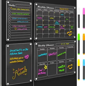 Planning Pads 4Pcs Fridge Calendars 2025 Acrylic Magnetic Calendar for Refrigerator Fridge White Board Calendar Chalk Dry Erase Magnets Chalkboard Monthly Weekly Planner with 6 Highlight Markers